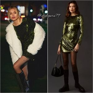 NWT, Anthropologie, Green Sequin Drape-Back Mini Dress